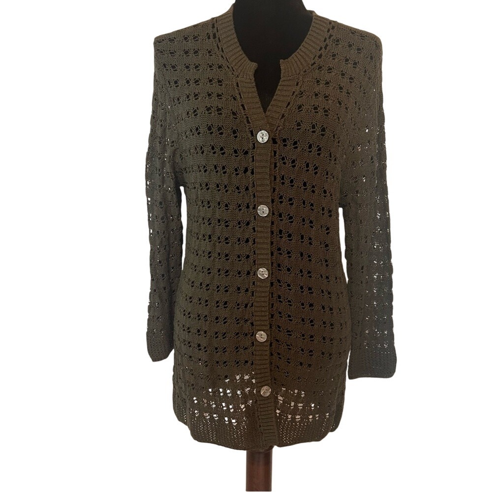Coldwater Creek Dark Olive Green Open Knit Cardigan Size Large